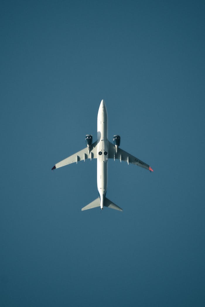 A sleek airplane captured from below soaring in a clear blue sky, showcasing aerodynamics.